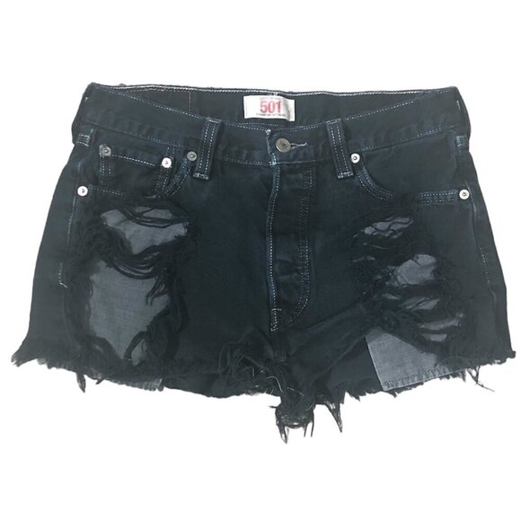 LEVI'S 501 Shorts Women's Size 28 Button-Fly Dark Wash Distressed Cut-Off Denim - Picture 10 of 10